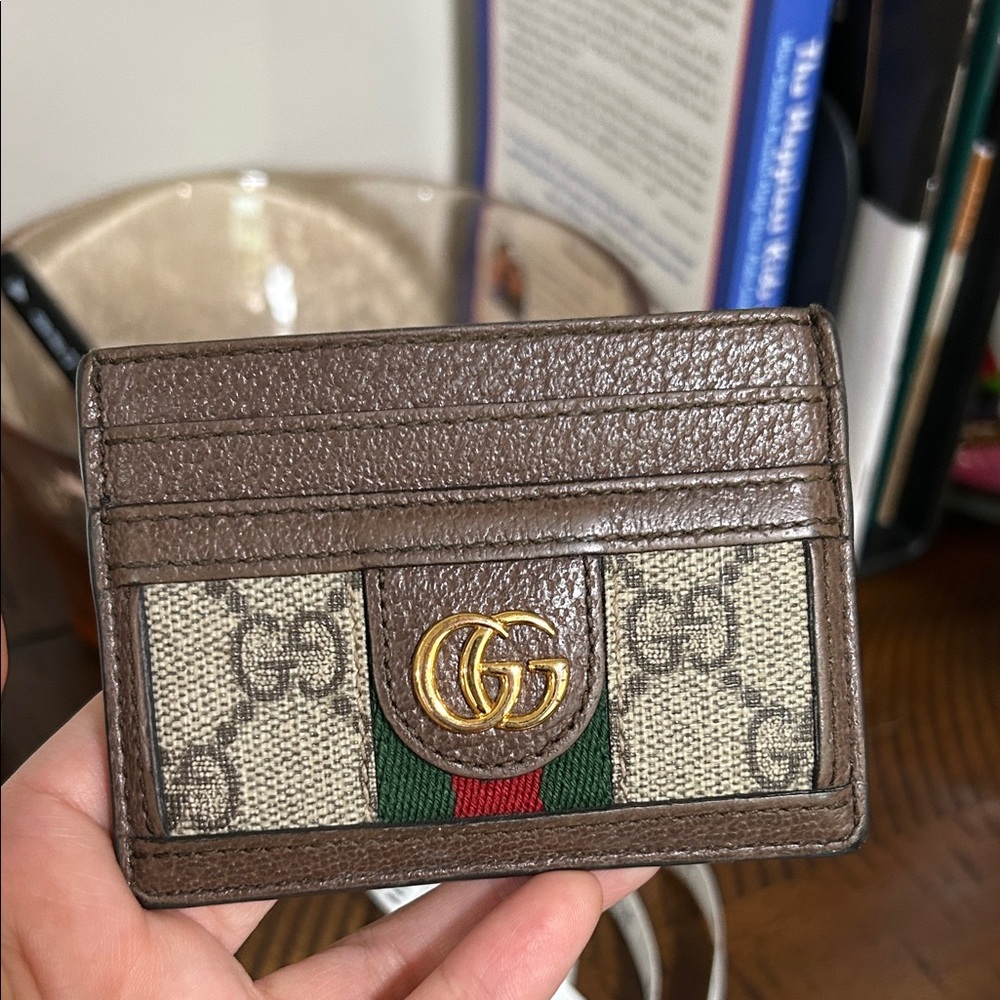 Gucci Brown GG Canvas Cardholder with Green-Red Web and Gold Double G